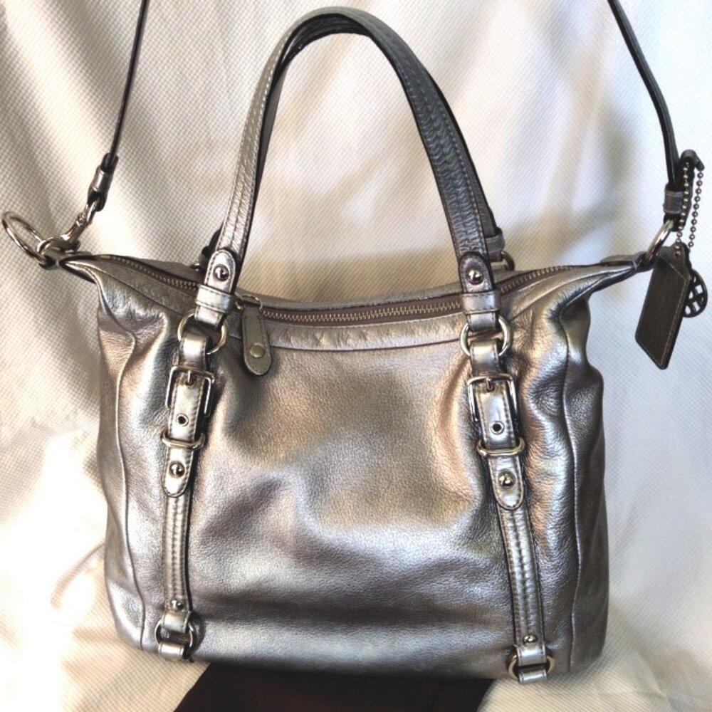 Coach Alexandra Metallic Silver Leather Hobo Tote Convertible Bag, GUC